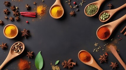 Sticker - Spices on a dark table background. Illustration of colorful spices with copy space for text. Herbs and spices for cooking on dark background. 