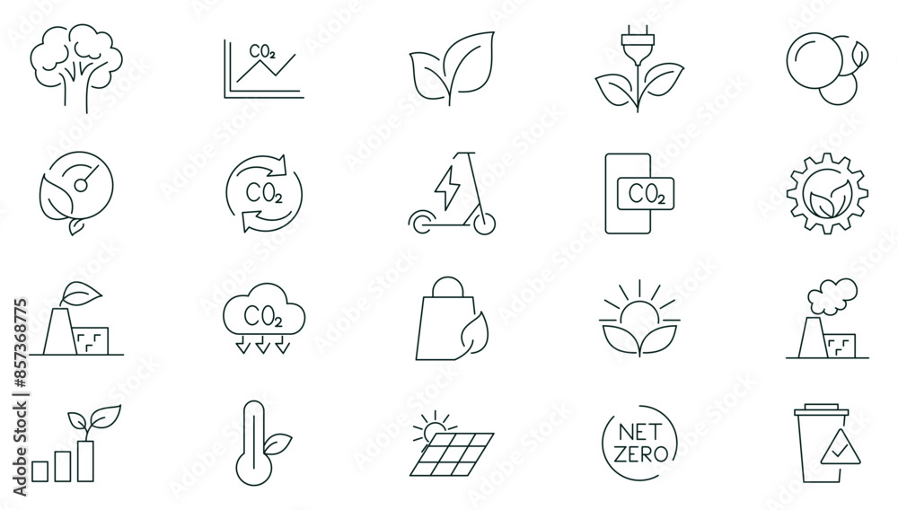 Net zero line icon set. Eco, carbon footprint, CO2 neutral, solar ...