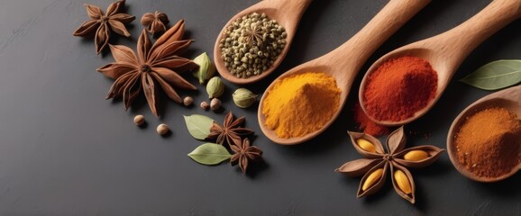 Wall Mural - Spices on a dark table background. Illustration of colorful spices with copy space for text. Herbs and spices for cooking on dark background. 