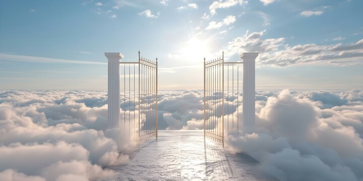 Golden gates of heaven symbolizing Christianity meeting God in paradise among clouds. Concept Christianity, Golden Gates, Paradise, God, Clouds