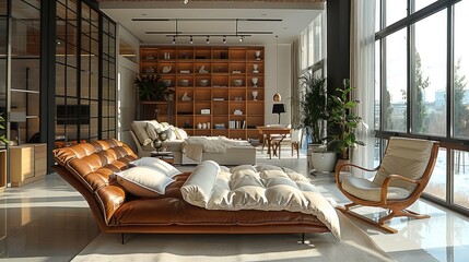 Interior, Furniture showroom, modern minimalist style, leather sofa, double bed, floor-to-ceiling windows, 5-meter ceiling height. Generative AI.