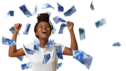 Aufkleber - NIgerian naira notes falling, raining on young black African woman with braids excited amazed suprised jubilating with hands in the air, winner celebration over transparent background, copy space