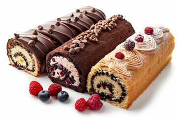 Wall Mural - Sponge cake slices with chocolate vanilla and berry cream various swiss roll collection on white background for packaging