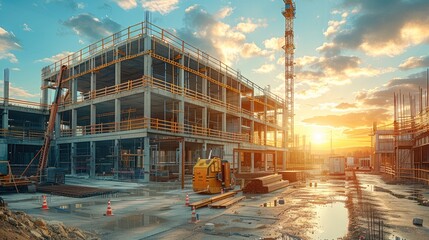 Poster - Building under construction, industrial development, construction site engineering, bright background, vibrant color. Generative AI.
