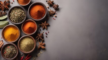 Wall Mural - Spices on a dark table background. Illustration of colorful spices with copy space for text. Herbs and spices for cooking on dark background. 