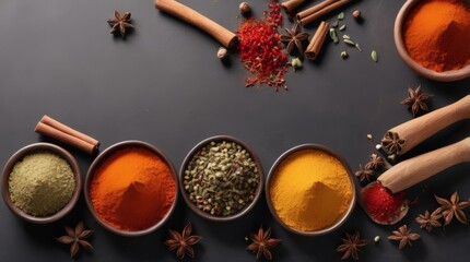 Poster - Spices on a dark table background. Illustration of colorful spices with copy space for text. Herbs and spices for cooking on dark background. 