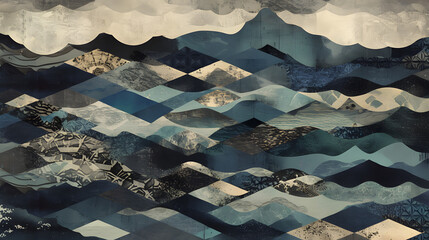 Wall Mural - Cut paper collage repeating pattern using photographs of waves in various colorways