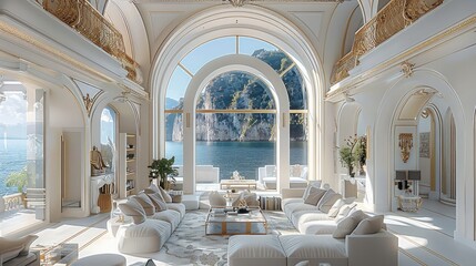 Wall Mural - The design of the living room continues the luxurious and exquisite, Large arched floor-to-ceiling windows provide ample natural light, enjoy sea view. luxurious classical furniture. Generative AI.