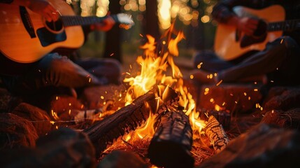 hands playing guitar around a campfire with friends generative ai