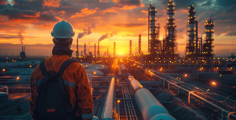 Poster - Engineer looking at oil manufacturing company yard, sunset. Generative AI.