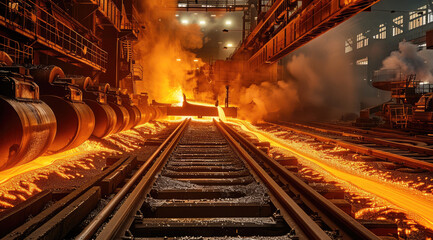 Poster - A steel mill with a lot of hot steel. depth of field. Generative AI.