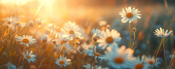 Sunlit field with blooming daisies