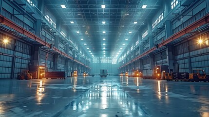 Poster - A huge airport warehouse, with a lot of forklifts moving cargo around and planes visible thru the open doors of the warehouse. Generative AI.
