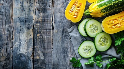 Stylish organic cucumber and squash on napkin wooden background with space for text