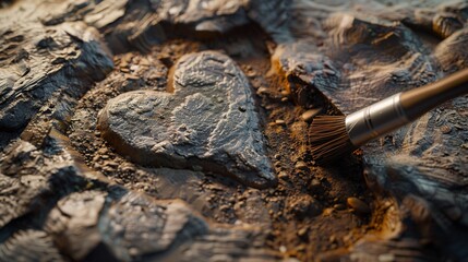 an archaeologist's brush removing dirt from a strung section of an archaeological dig. As the dirt is slowly brushed away, the petrified form of a heart-shaped perfect copper is revealed