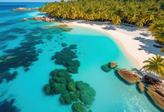 tropical beach lush palm serene seaside paradise landscape, tree, coast, ocean, exotic, vacation, sunny, sand, idyllic, relaxation, travel, horizon