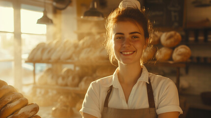 A young, beautiful woman is a baker. She is engaged in her favorite work. She takes great pleasure in her job. From her hands come very beautiful and delicious golden-brown bread.