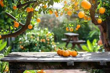 Poster - Oranges on table garden tree