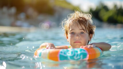 A young boy is enjoying a day in the water with a colorful blue and orange flotation ring, highlighting the joys of childhood and summer fun in a natural water setting.