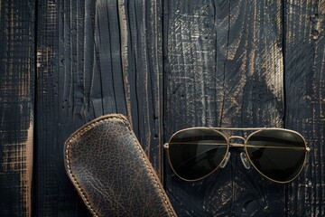 Aviator sunglasses in gold frame and leather case on black table Top view with space for text