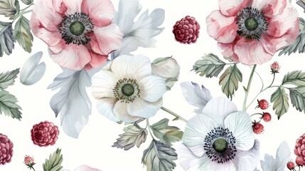 Wall Mural - watercolor illustration, seamless botanical pattern of white anemones, green leaves and raspberries on a white background, for printing on fabric or wedding invitations