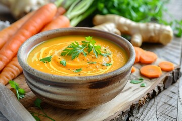 Sticker - Carrot and ginger soup made with fresh ingredients on wooden board