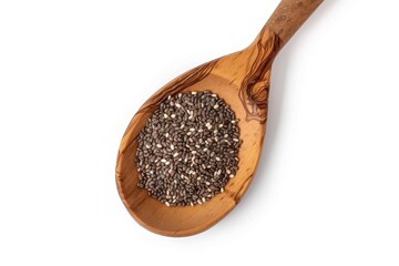 Wall Mural - Chia seeds in a wooden spoon isolated on a white surface seen from above