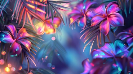 A vibrant display of neon-colored tropical flowers and foliage
