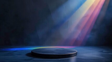 Wall Mural - Empty navy display podium with rainbow light ray and reflections on minimal dark blue navy background, show stage pedestal for miracle, fantasy successful product curation and display, with copy space