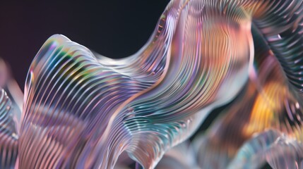 Wall Mural - Macro glass 3d Y2K render abstract background. Transparent glassmorphism modern texture. Holographic curved wave in motion. Gradient design element.