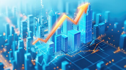 Aufkleber - Blue flat illustration of an upward arrow with financial charts and skyscrapers in the background, isometric view, blue gradient color scheme using light blue and yellow colors. Generative AI.