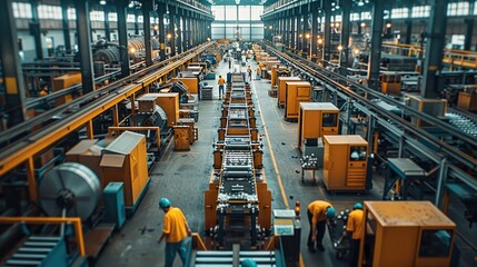 Poster - A factory interior with machines and workers engaged in each stage of the production line. Generative AI.
