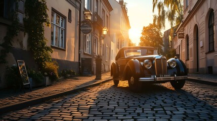 A beautiful black vintage car is parked on a cobblestone street in a small European town.