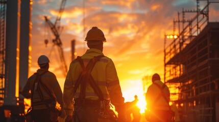 Aufkleber - Team of diverse electrical commercial contractors doing work, golden hour. Generative AI.