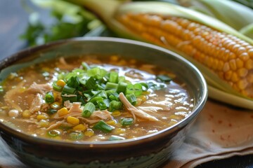 Canvas Print - Chinese chicken corn soup with fresh corn cob