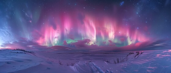 spectacular sky with colorful northern lights and scattered clouds over a snowy landscape, creating 