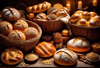 Wall Mural - fresh bread loaves woven bakery harvest display organic baked goods, basket, food, rustic, homemade, artisan, traditional, natural, crusty, golden, assortment,