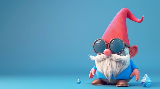 Cool cartoon gnome in sunglasses. 3D rendering.