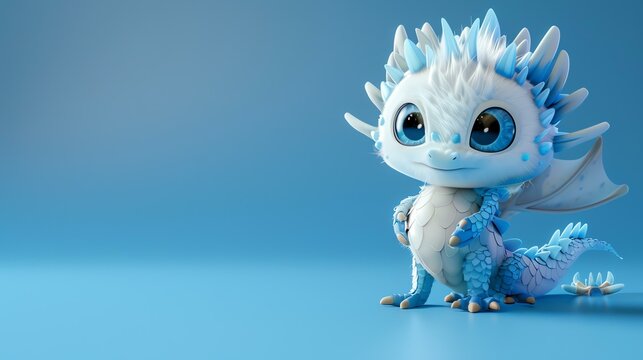 Cute and cuddly blue and white baby dragon with big blue eyes. Perfect for children's book illustrations, game characters, and more.