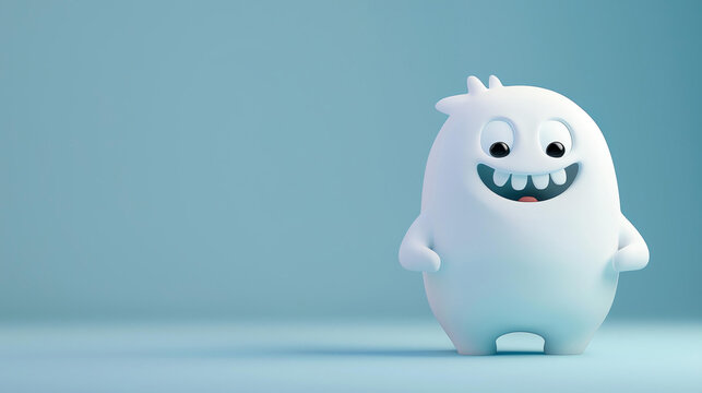 This is a 3D rendering of a cute and friendly cartoon yeti. The yeti is white and has a big smile on its face.