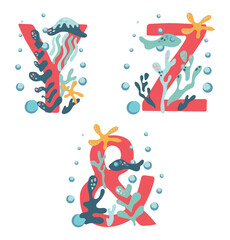 Wall Mural - Coral capital letters Y, Z, &, decorated with algae, corals and inhabitants of the underwater world. Vector image of alphabet and deep sea elements.