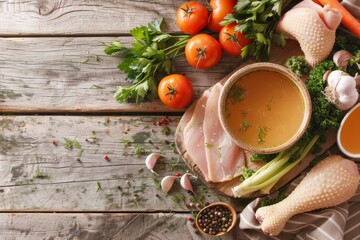 Wall Mural - Country style chicken broth with table ingredients overhead homemade view