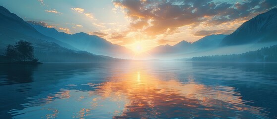 Sunrise over a serene lake with mountains in the background, 8k UHD