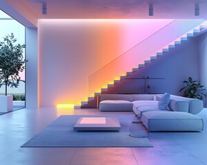 Wall Mural - A minimalist living room in a contemporary house, with clean, angular lines and a striking neon RGB staircase that emits a soft, colorful light, adding a unique touch.