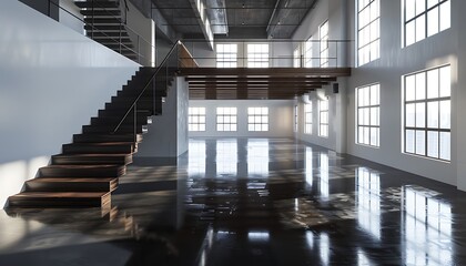 Sticker - A modern two-level loft with dark wooden stairs and a light grey polished floor. The space is minimalist with clean lines and large windows.