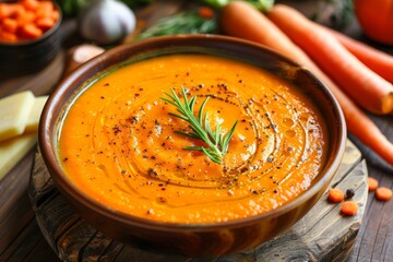 Wall Mural - Delicious creamy carrot soup with veggies on wood table nutritious meal