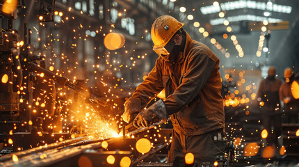 Wall Mural - A shed contains heavy equipment and workers doing heavy work with lots of steel, sparks, and heavy tools. Generative AI.