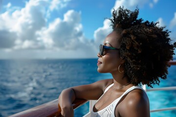 Wall Mural - Woman sitting on luxury yacht with view of the sea. Summer travel and vacation concept. Traveling and yachting. Fashion and freedom. Female african american model