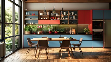 Wall Mural - A modern mid-century kitchen featuring a bold combination of red and blue kitchen cabinets, anchored by a wooden dining table.