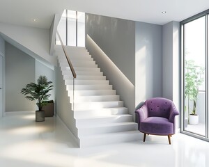 Wall Mural - Elegant new apartment living room with white stairs, light gray walls, purple armchair, minimal decor, large windows, natural lighting, contemporary style.